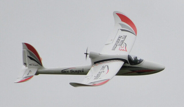 Skysurfer Foamie trainer in flight at Truro model flying club